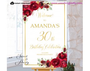 Red Roses 30th Birthday Party Welcome sign template,(16)